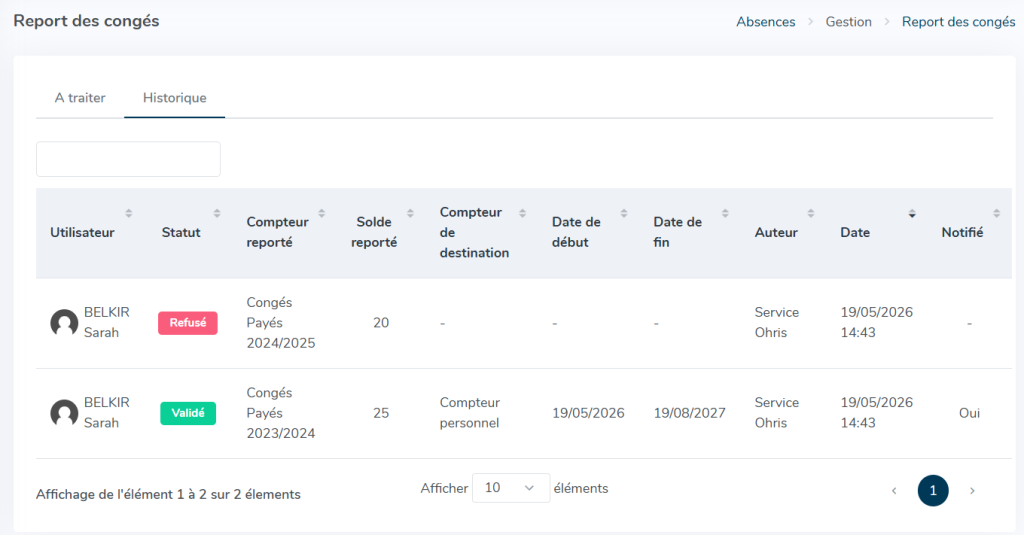 Tableau affichant le détails des reports validés ou refusés