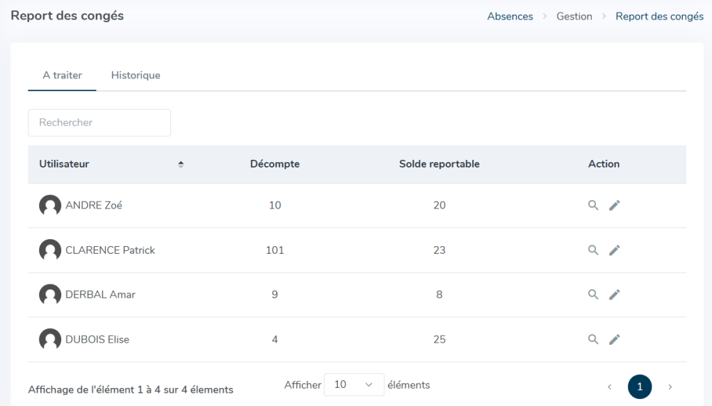 Tableau des absences reportables