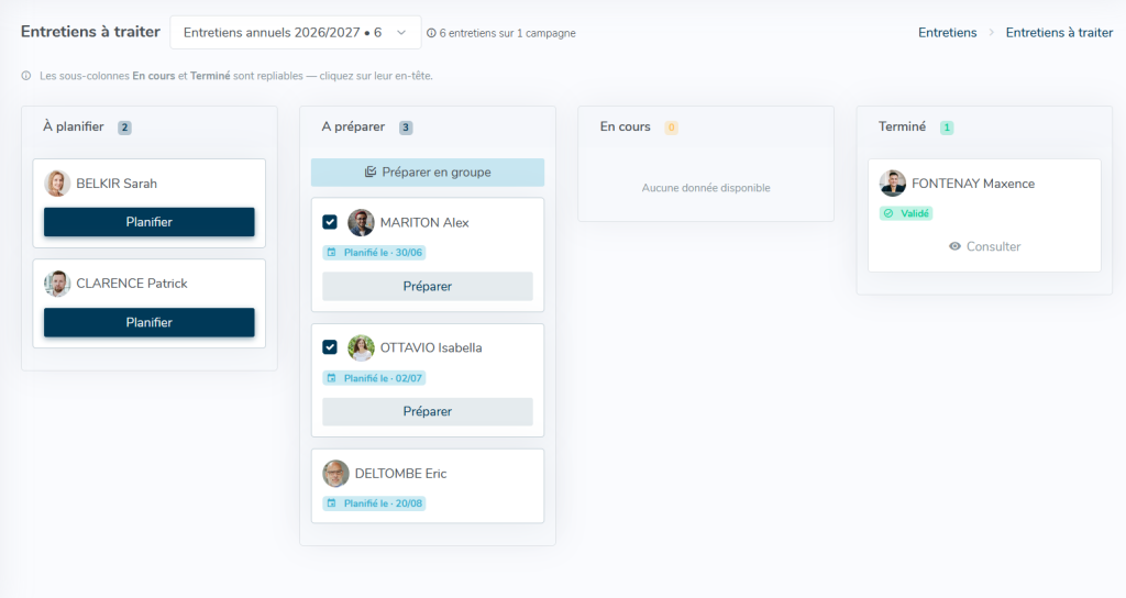 Capture d'écran de l'écran "Entretien à traiter" d'un responsable sous forme de Kanban.