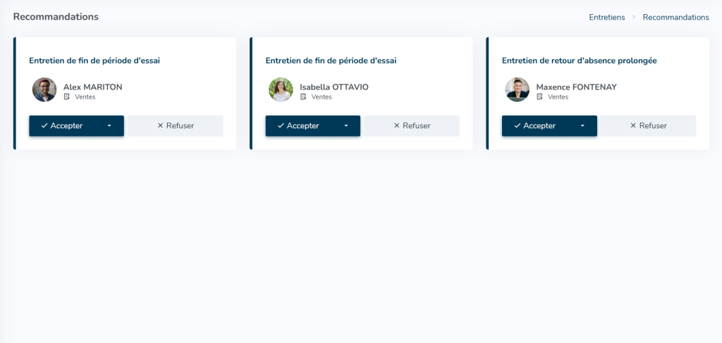 Capture d'écran de l'écran "Recommandations" disponible pour un responsable