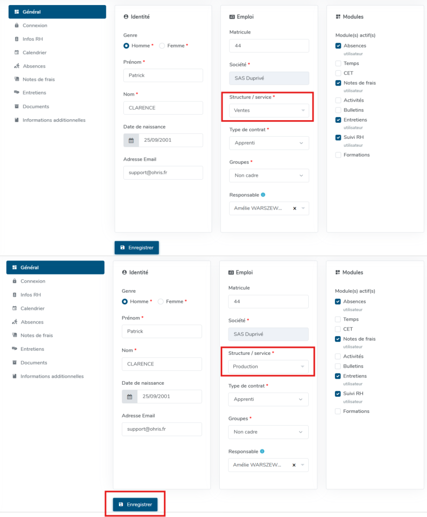 Modification du service pour un utilisateur