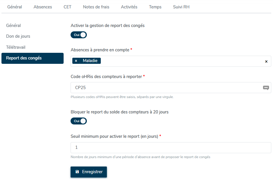 Paramétrage pour activation report des congés