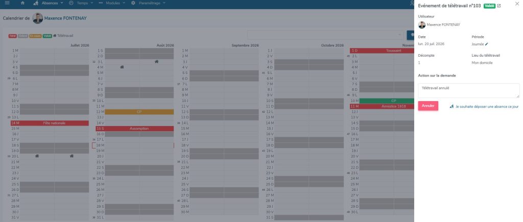 Annuler un télétravail depuis le calendrier