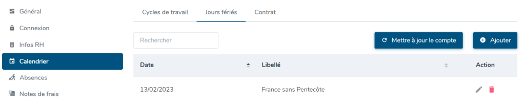 Affichage du calendrier de jours fériés dans la fiche utilisateur
