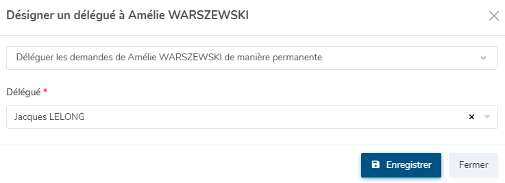 détail du paramétrage d'un délégué de manière permanente