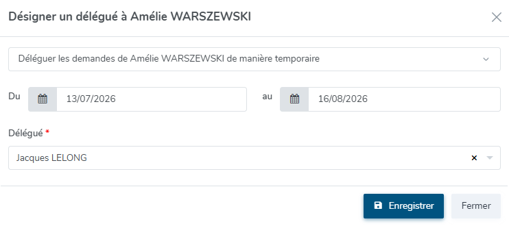 détail du paramétrage d'un délégué de manière temporaire