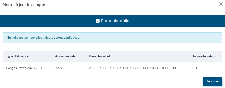 recalcul suite mise à jour des dates de contrat