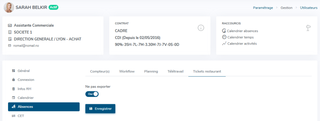 Exemple de paramétrage pour un utilisateur ne souhaitant pas de ticket restaurant