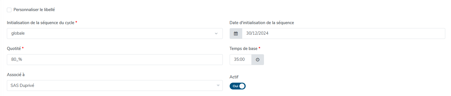 Exemple de paramétrage d'un cycle sur 2 semaines à 80% de 35h