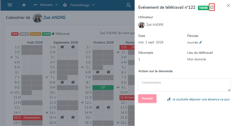 accès à un évènement de la demande de télétravail périodique à annuler
