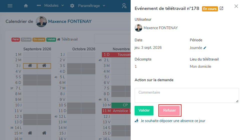 Refus d'une demande de télétravail en attente depuis le calendrier