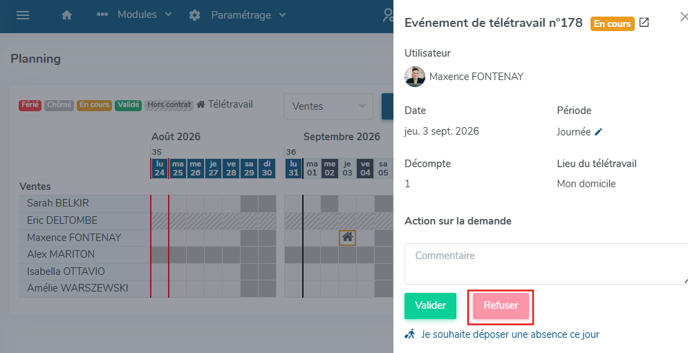 Refus d'une demande de télétravail en attente depuis le planning