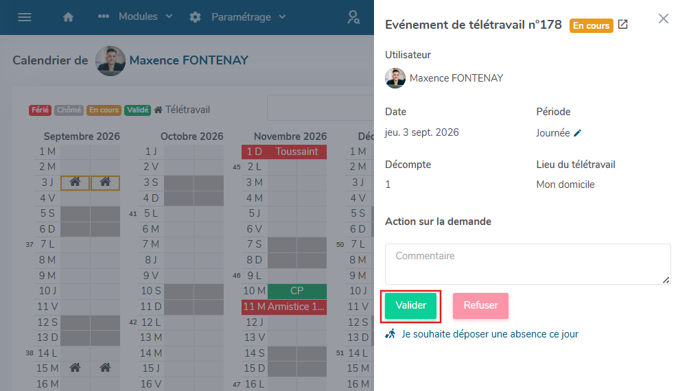 validation d'un télétravail depuis le calendrier de l'utilisateur