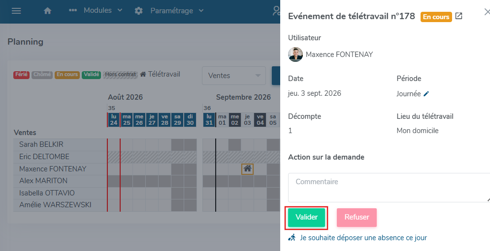 Validation d'un évènement télétravail depuis le planning