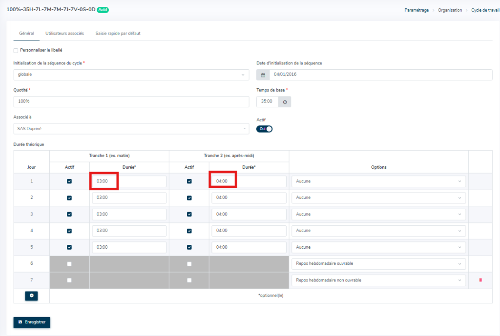 Modification du temps de travail dans un cycle de travail